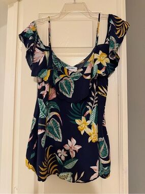 Old Navy 100% Rayon/Viscose Navy Floral Ruffle Sleeve Cold Shoulder Women's Top